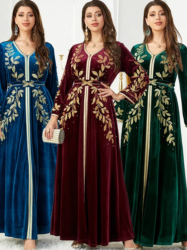 Winter Embroidery Muslim Dress Abaya for Women Velvet Abayas Beading Lace-up Morocco Party Dress Kaftan Arabic Long Robe Autumn