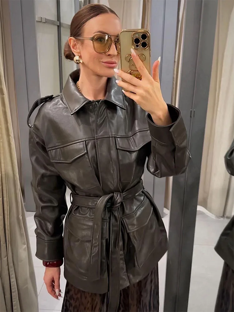 

HH женская модная куртка черный отложной воротник с длинными рукавами и карманами на шнуровке с украшением на молнии женское осеннее уличное пальто