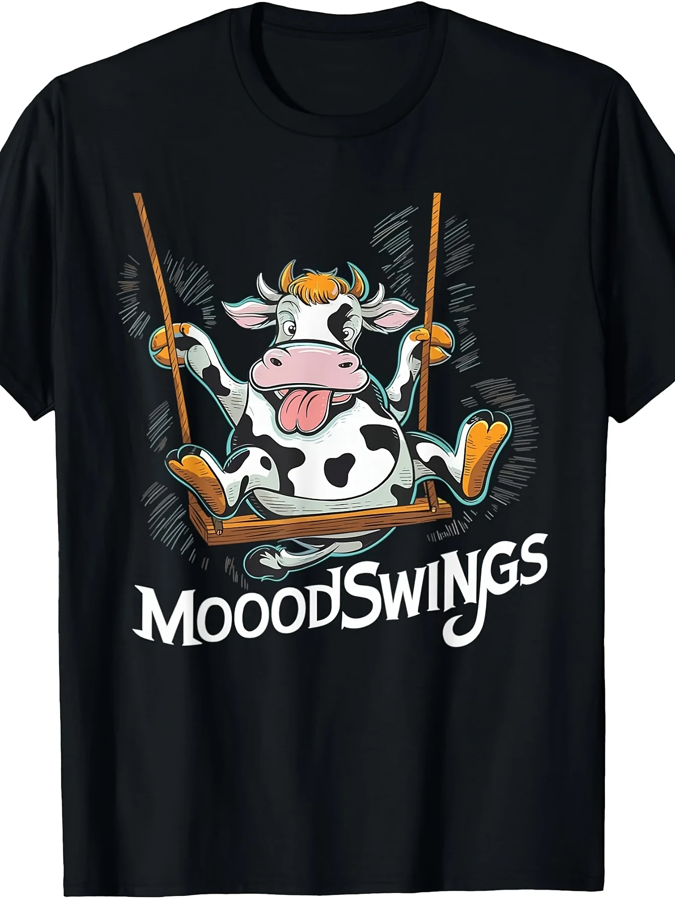 Funny Cow Mood Swings Pun T-Shirt - Retro Humorous Udder Chaos Suitable For, Machine Washable Cow-Themed Shirt for Parties & Casual Attire, Digital Print (No Transparency), Digital Heat Transfer Printing Process, Festival Party Birthday Gift