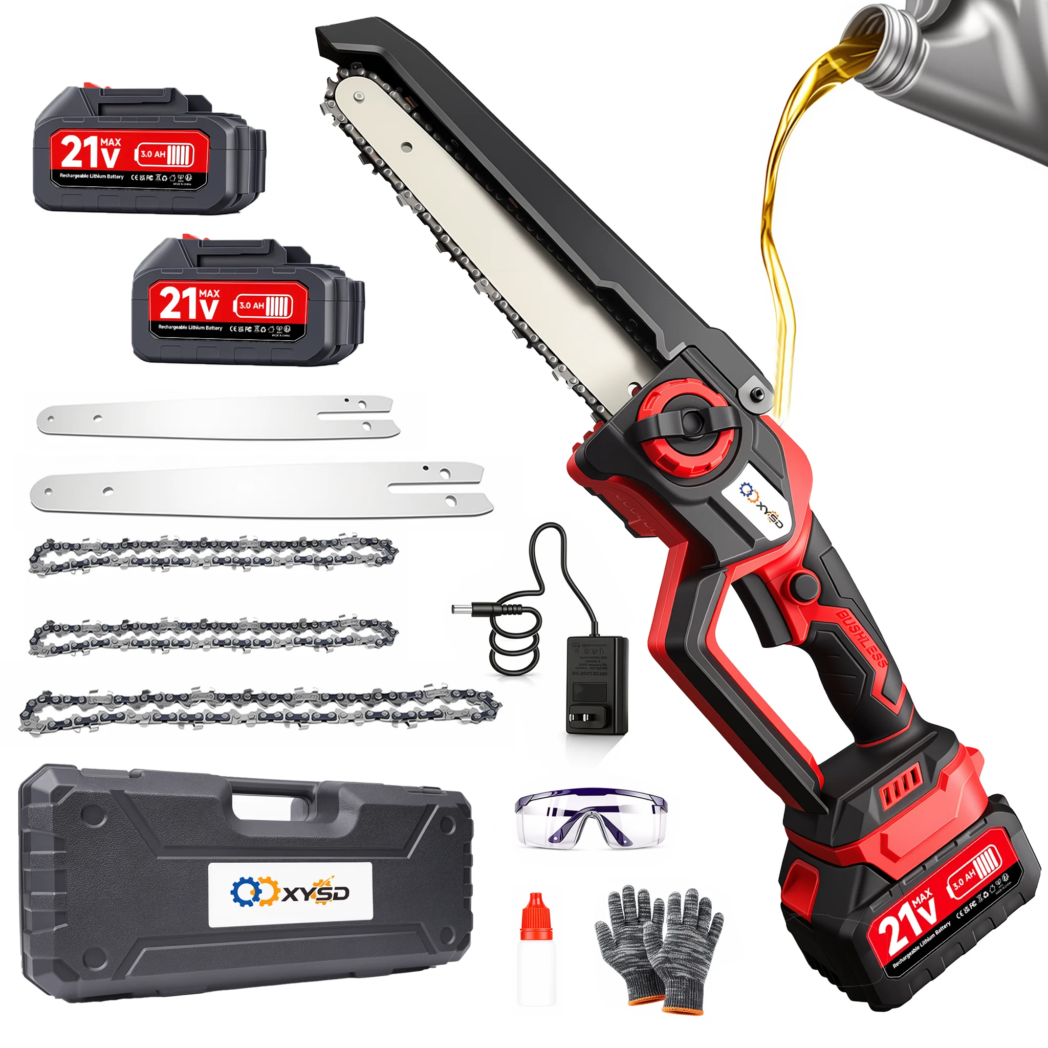 XYSD 8 & 6 Mini Chainsaw Cordless, Portable Handheld Electric Chainsaw with 2x3.0Ah Batteries, for Wood & Tree Cutting