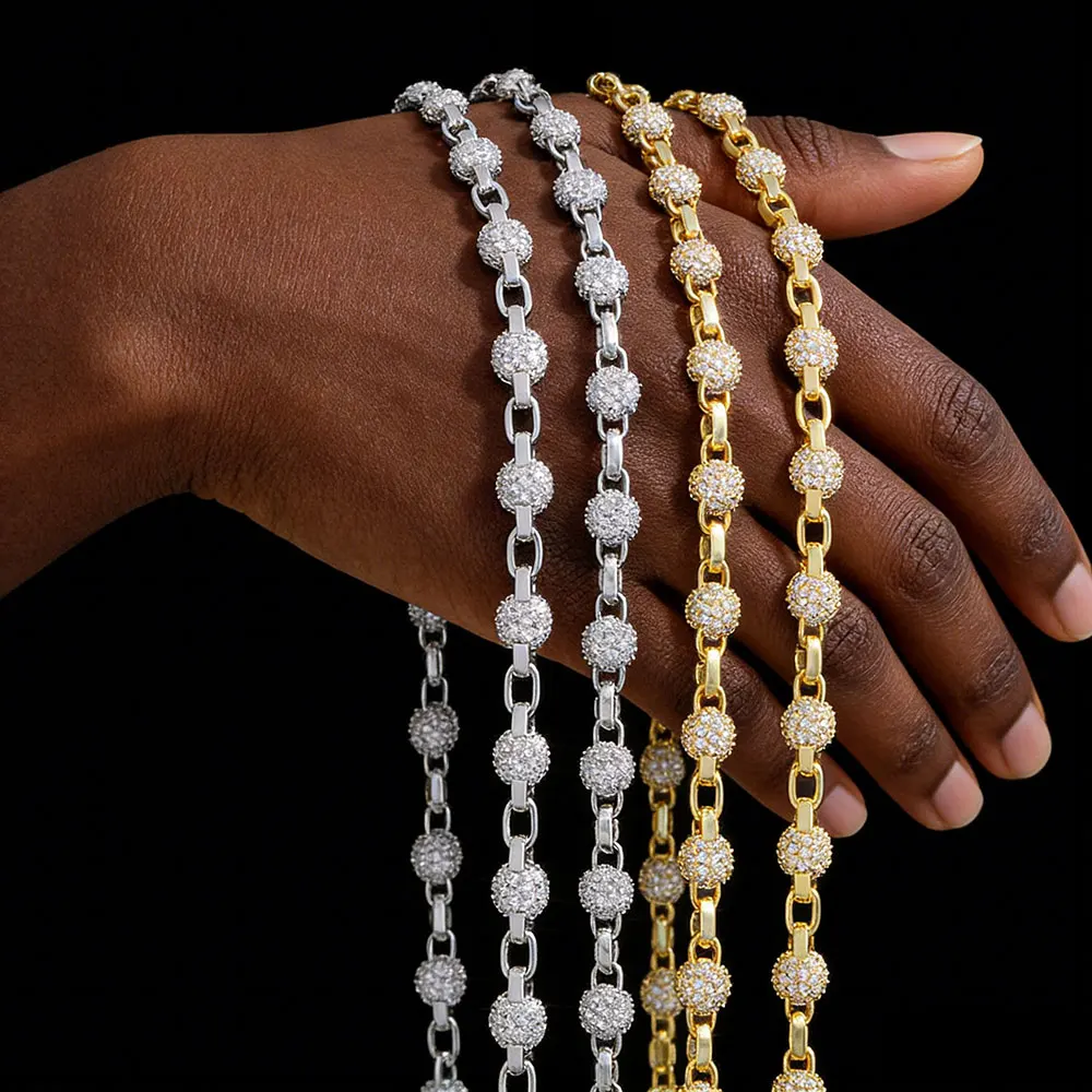 Bead Necklace Women's ice Round Bead Necklace Custom Shiny Cubic Zirconia Micro Paving cz Jewelry Fish Tail Buckle Connection