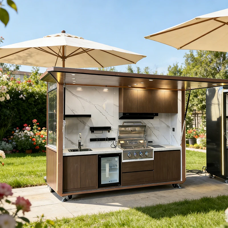 BBQ Kitchen with Roof Customized Outdoor Cooking Waterproof Modular Stainless Steel Kitchen Shed Weatherproof Rustproof Patio