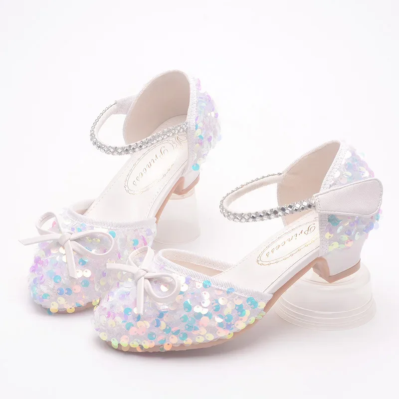 

Spring New Girls' Princess Shoes Fashion Sequins Children's Crystal Leather Shoes Girls' Closed-toe High Heels