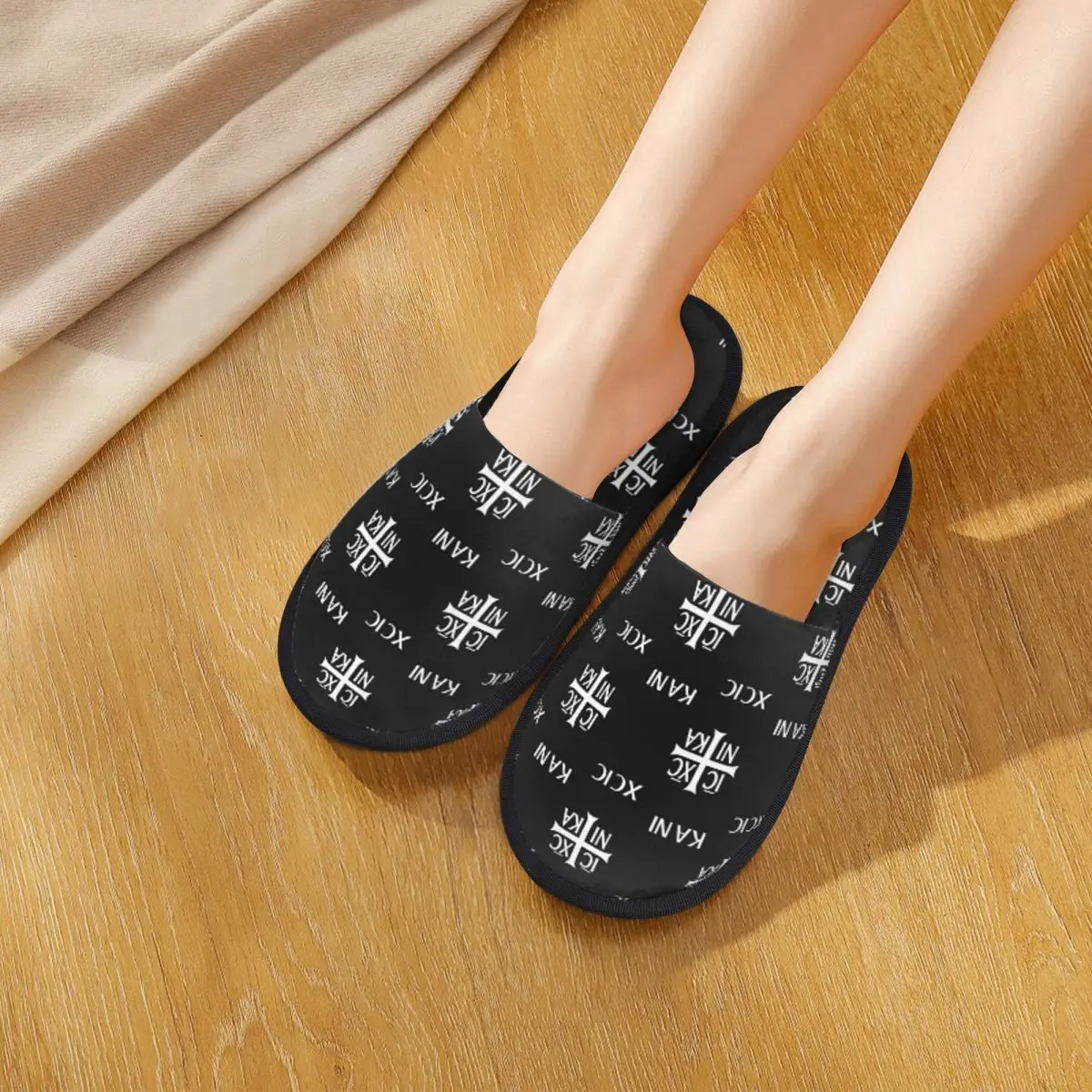 Custom IC XC NIKA Cross Christian Orthodox Jesus Chris Slippers Memory Foam Warm Soft Women House Slipper Bedroom Comfy Shoes