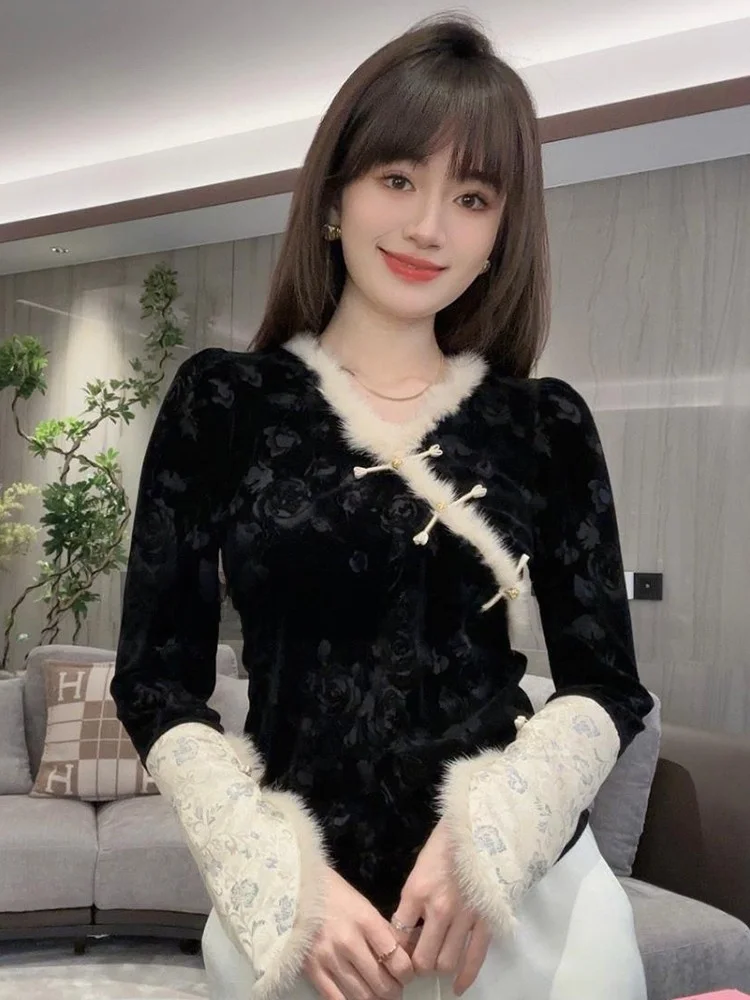 

Retro New Chinese Style Shirt Women's Autumn Winter High-End Feeling Button up Top Trendy Lightweight Luxury Outerwear