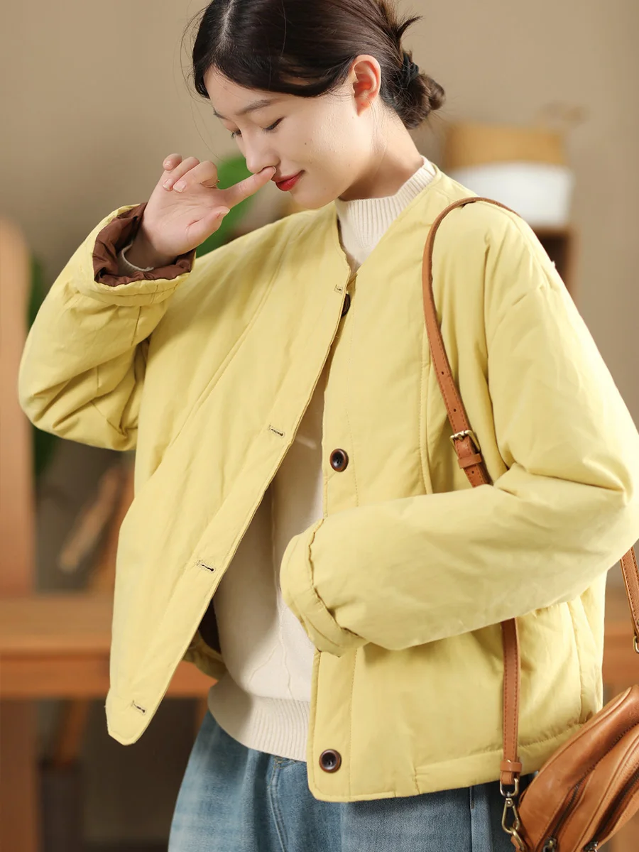 

Thiened Pure Cotton Jaet Women's Retro Dstring round Ne Winter Coat Warm Cotton Padded Clothing Commute Sle Long S...