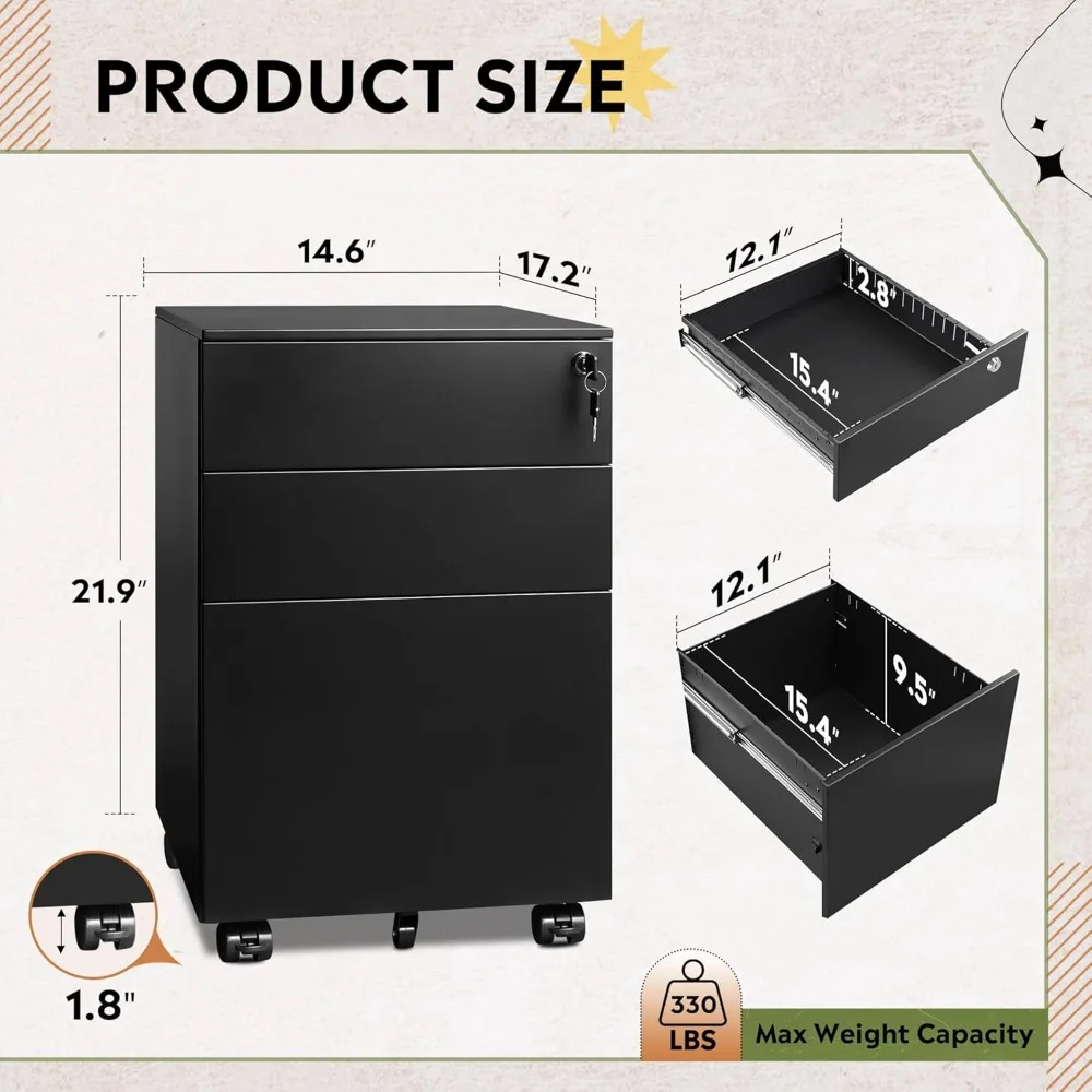 Mobile Rolling 3-Drawer Black Filing Cabinet with Lock, Under Desk Storage Organizer, Fully Assembled for Office Use