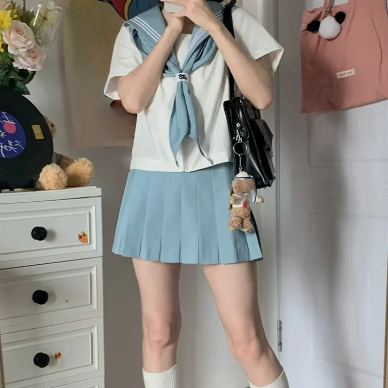 2024 Japanese JK Uniform Sailor Outfits Casual Style Blue Long Short Sleeves Top Pleated Skirt Basic Versatile Suit For Female