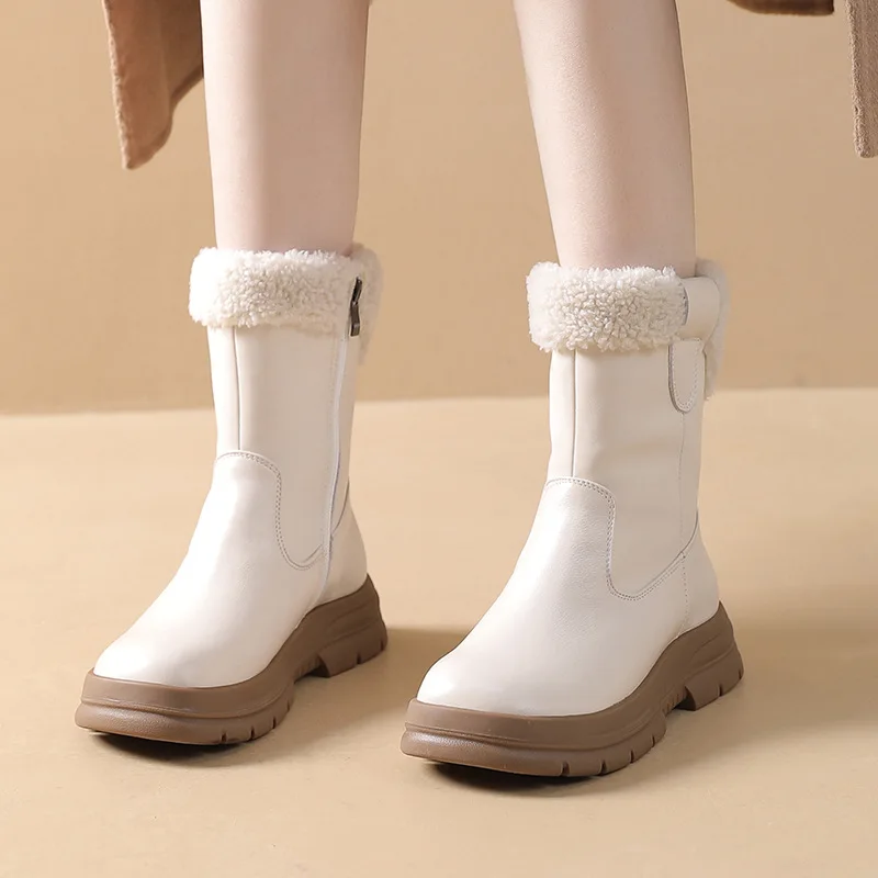 

Women's Genuine Leather Thick-soled Fur-top Boots Winter Mid-calf Plus Velvet Snow Boots Women's Soft-soled Warm Cotton Shoes