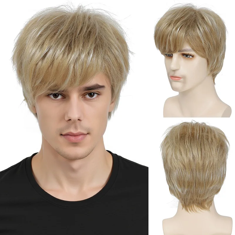 Fashionable wig short hair, hot selling item in European and American foreign trade,light gold slanted bangs-Synthetic fiber wig