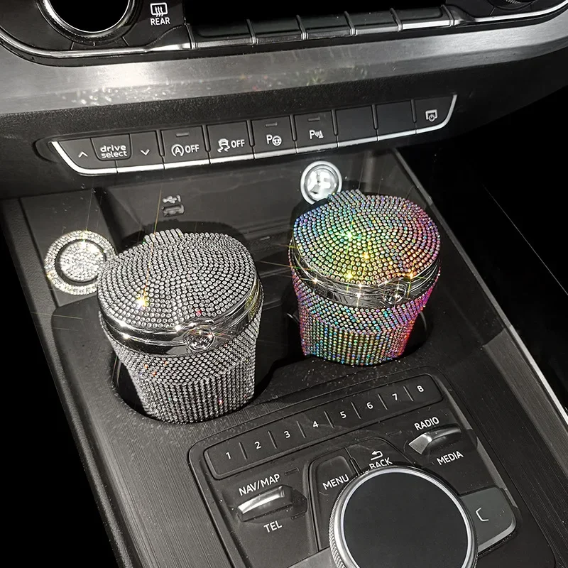 Car Ashtray Auto Portable Bling Crystal Diamond Cigarette Smokeless with LED Light Indicator Car Accessories for Women