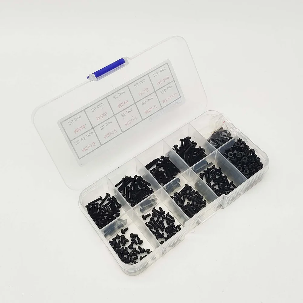 M2 Screw Nut Washer Kit 2mm Hex Socket Screws Compartmentalized Case Blackened Carbon Steel Rust Proof Material