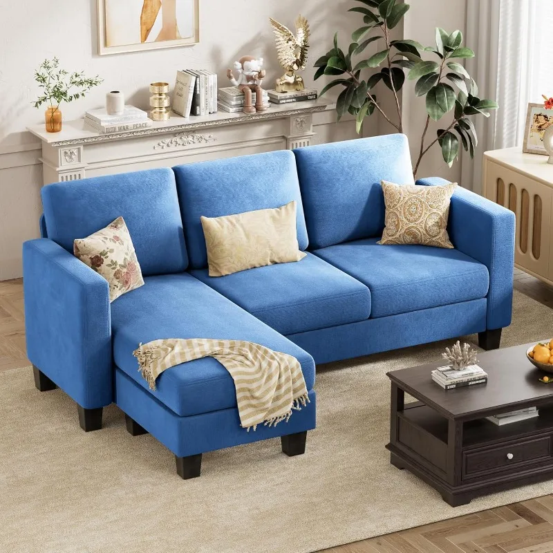 Convertible Sectional Sofa Couch, 3 Seat L-Shaped Sofa with Linen Fabric, Movable Ottoman Small Couch for Small Apartments,