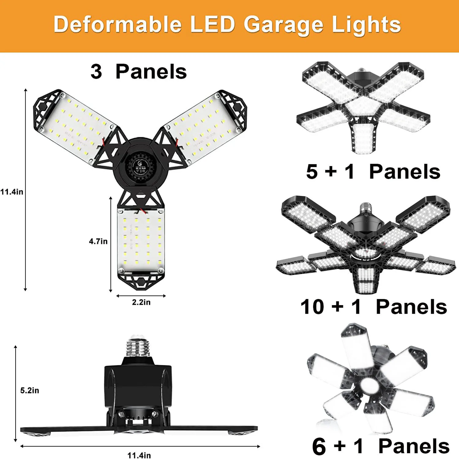 3-10 Panel Deformable LED Garage Light,industrial Lighting Led Ceiling Garage Lamp 8000LM E26/E27 6500K USA Warehouse Shop Light