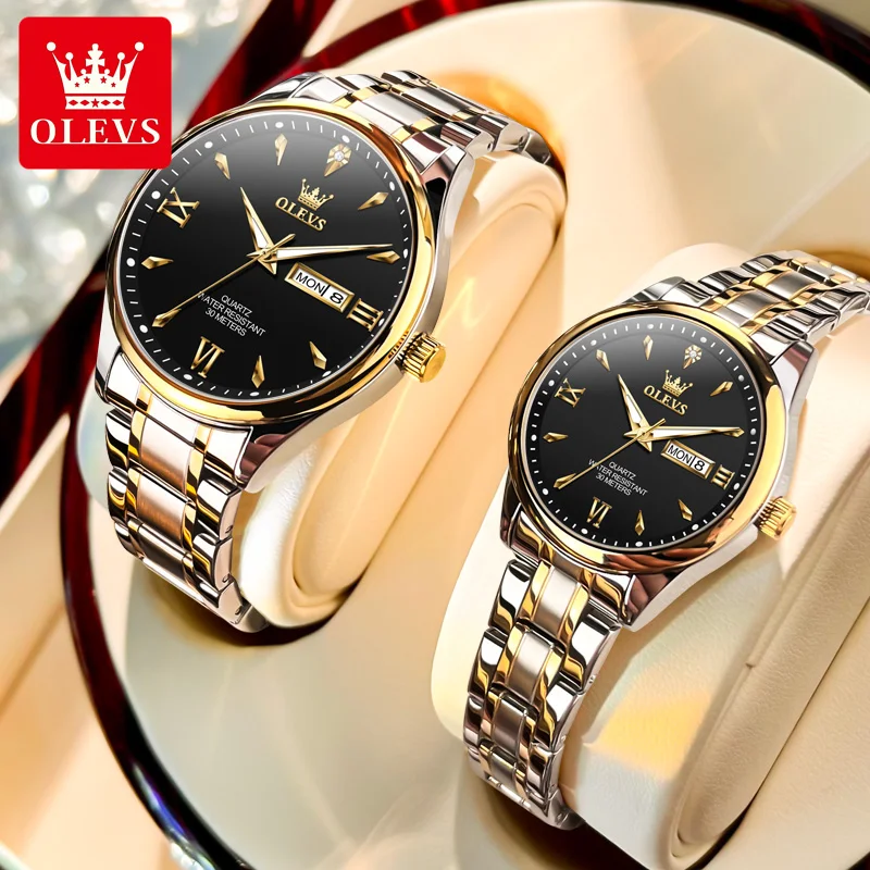 OLEVS 9806 Merkhorloge voor koppels, kalender, waterdicht, lichtgevend, quartz horloge voor heren en dames, origineel modehorloge voor liefhebbers.