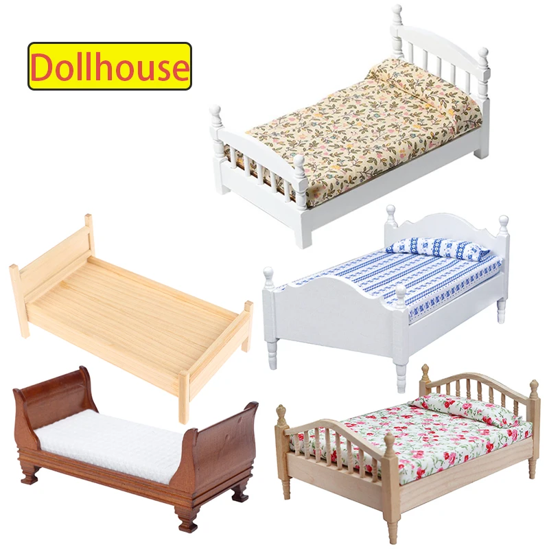 

1/12 Dollhouse Wooden/Iron Mini Single/Double Bed Home Bedroom Furniture Toy Living Room Furniture Model Handmade Toy