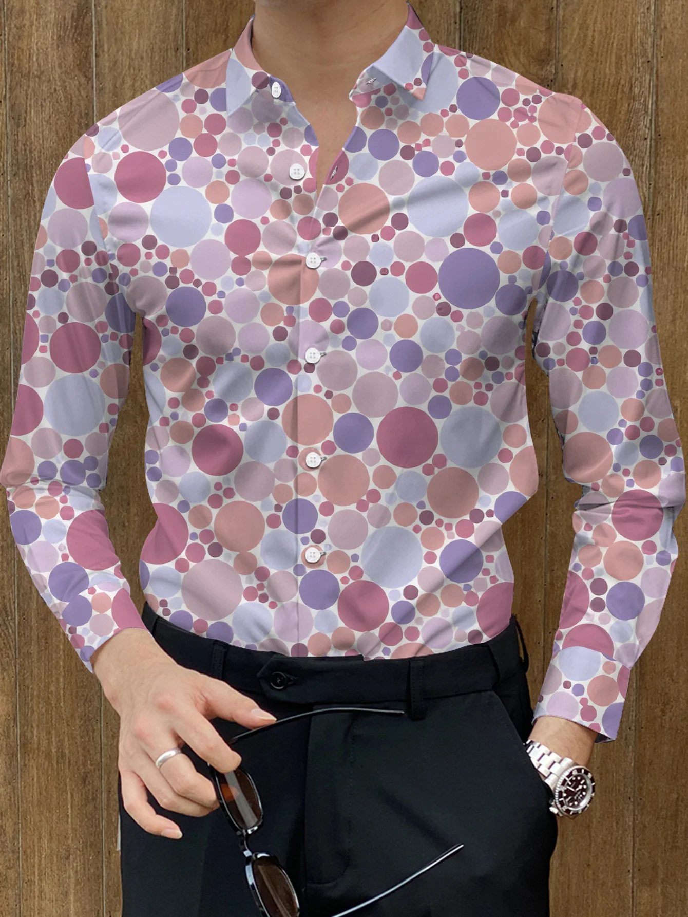 Men'S Stylish Dopamine Splicing Patterned Shirt - Long Sleeve, Button-Up, Lapel Collar, Regular Fit, All-Season Wear,