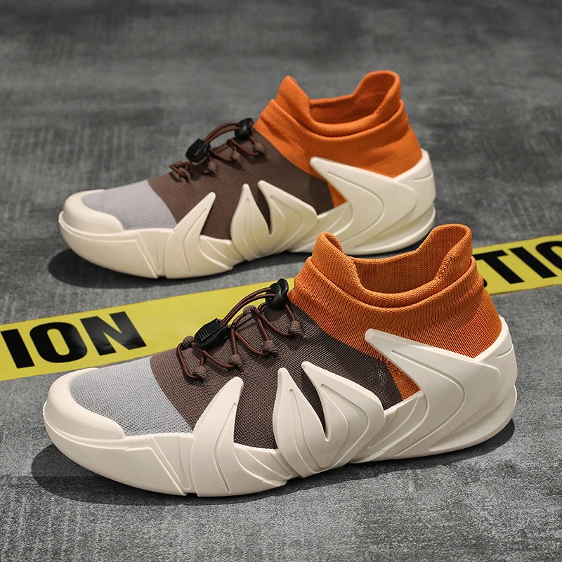 Men Fly Woven Sock Sneakers Slip On Thick Sole Casual Walking Shoes Breathable Driving Student Trainers Big Size 39-46