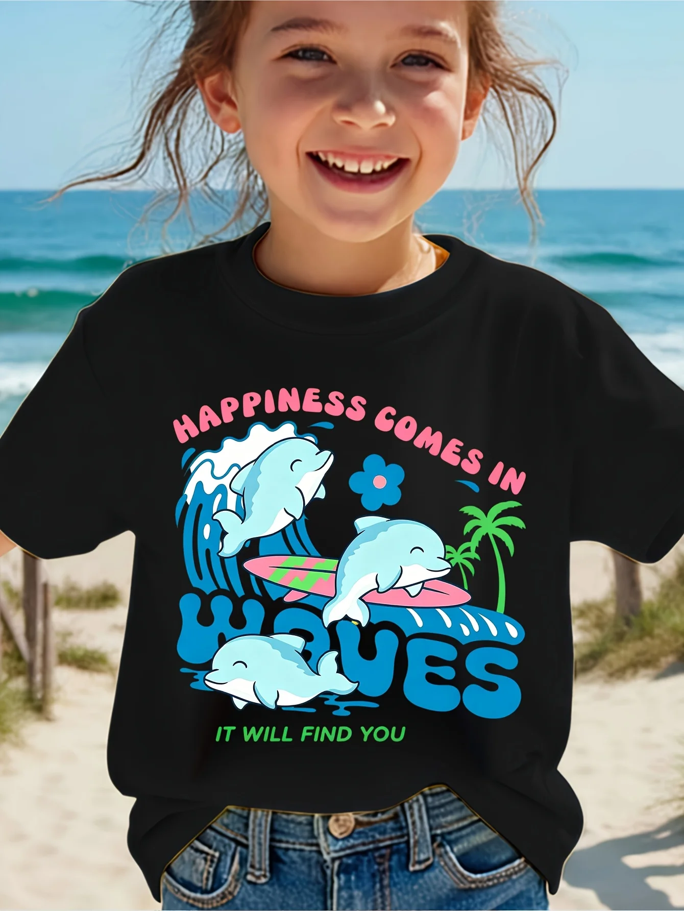Cute Dolphin Surf Wave Palm Tree Flower Graphic Family Matching T Shirt Boys Girls Short Sleeve Tees Parent Kid Summer Tops