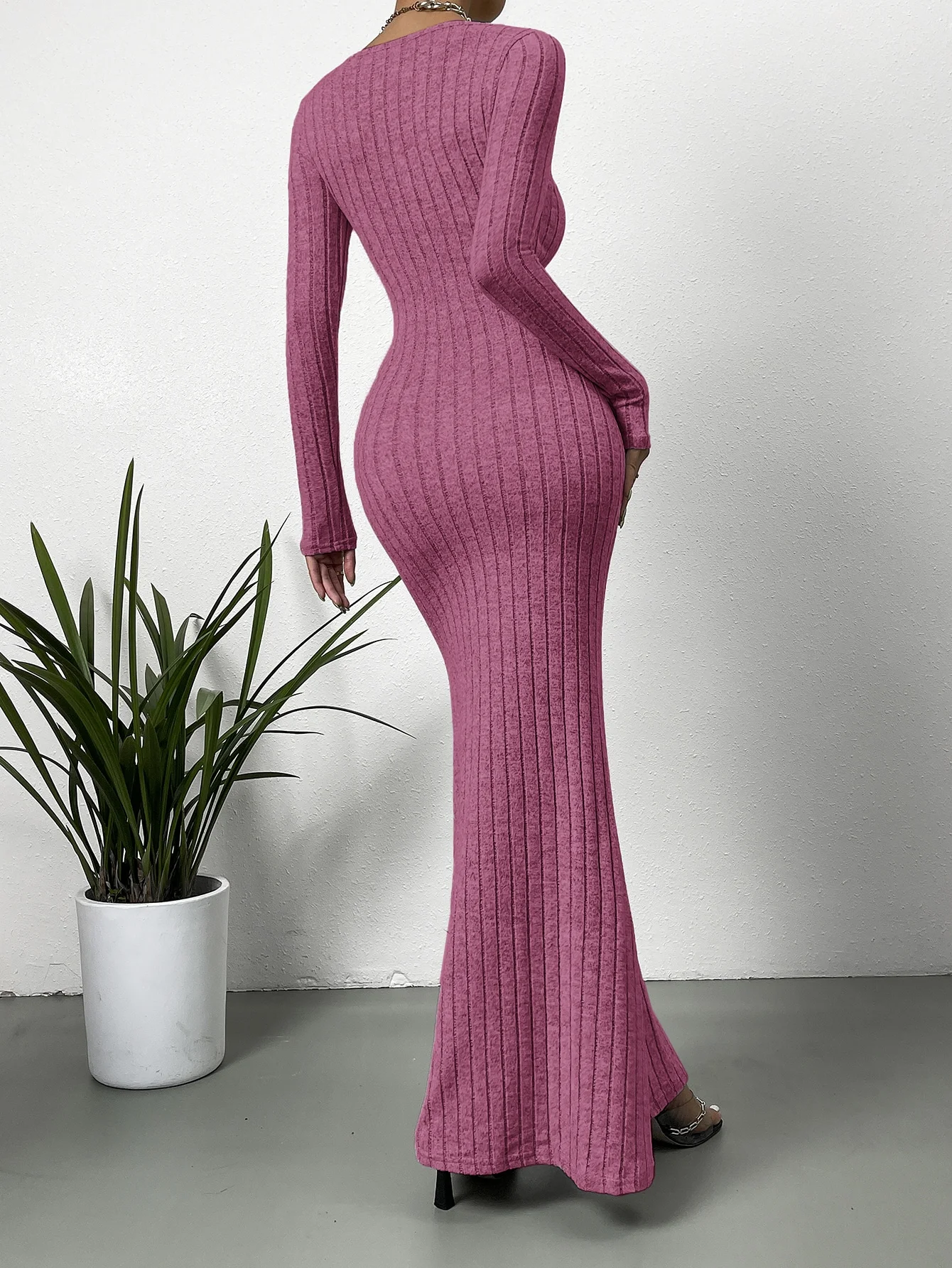 ناضجة مثير أزياء خط جديد الرقبة المنخفضة قطع الصلبة اللون سليم صالح كل مباراة فستان بأكمام طويلة