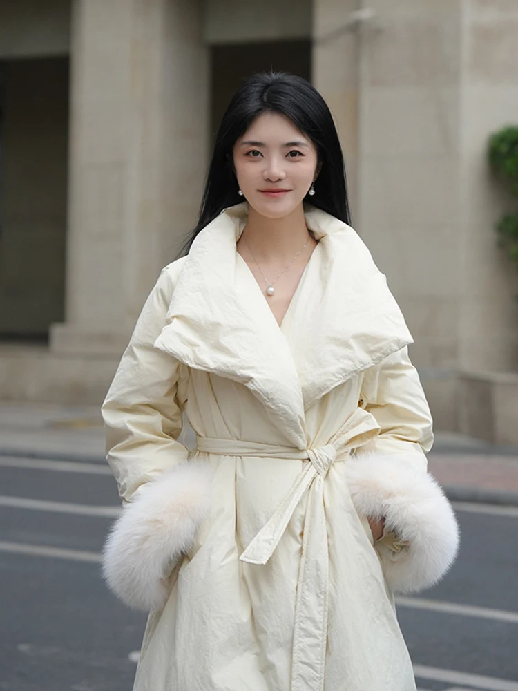 Winter Revers Wollen Mouwen Lange Parker Donsjack Vrouwen Witte Eendendons Lace Up Warm Donsjack Vrouwelijke Knielengte Outwears