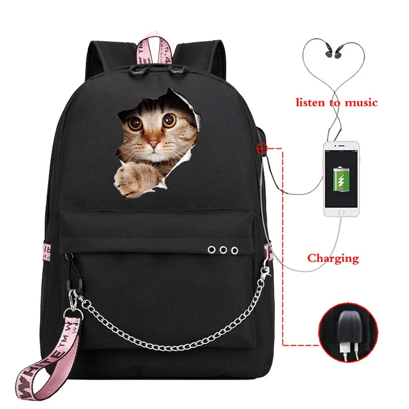 Adolescente saco de escola para meninas usb mochila saco gato impressão bookbags estudante médio saco preto viagem portátil bagpack