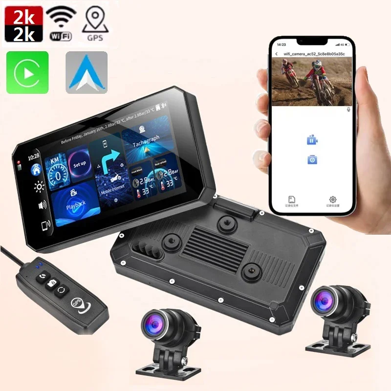 

5 inch Touch Wireless CarPlay Motorcycle GPS Navigator Android Auto 2K Front Rear Dual Camera Waterproof Moto DVR TPMS WiFi GPS