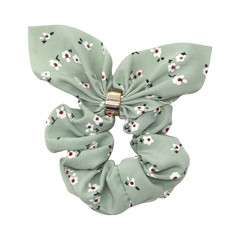 Scrunchie New Women Elegant Vintage Print Dot Bow Knot Elastic Hair Bands Sweet Fashion Hair Accessories Ribbit Ear Ties Chiffon