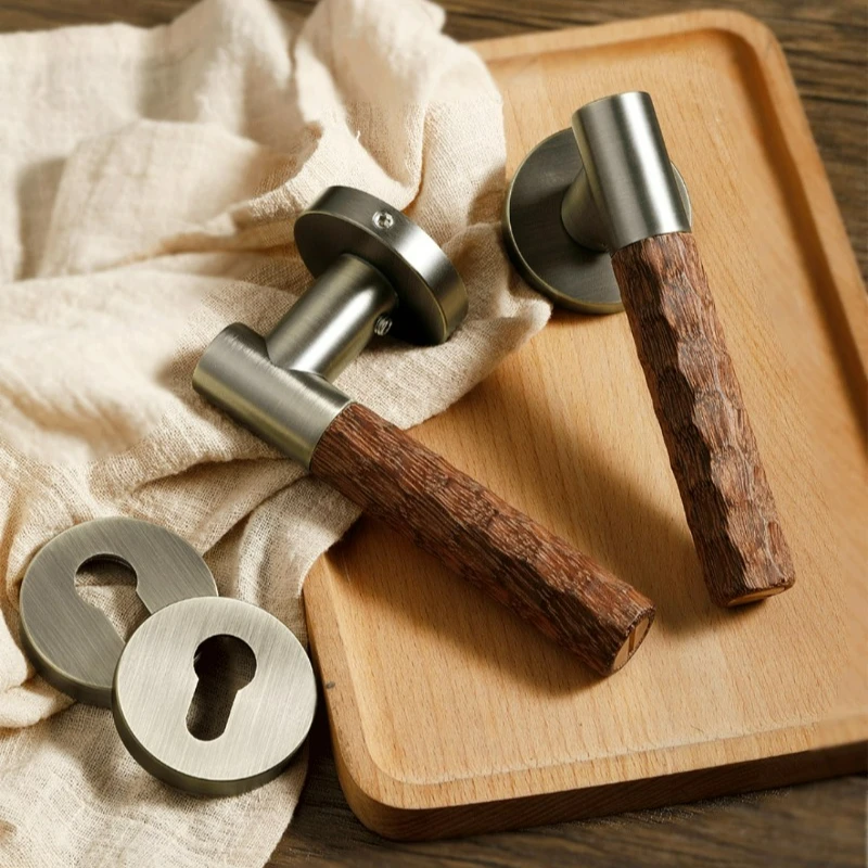 Middle Ancient Style Bedroom Door Lock, Indoor Room Wooden Door Handle, Retro Walnut Magnetic/silent Solid Wood Door Lock