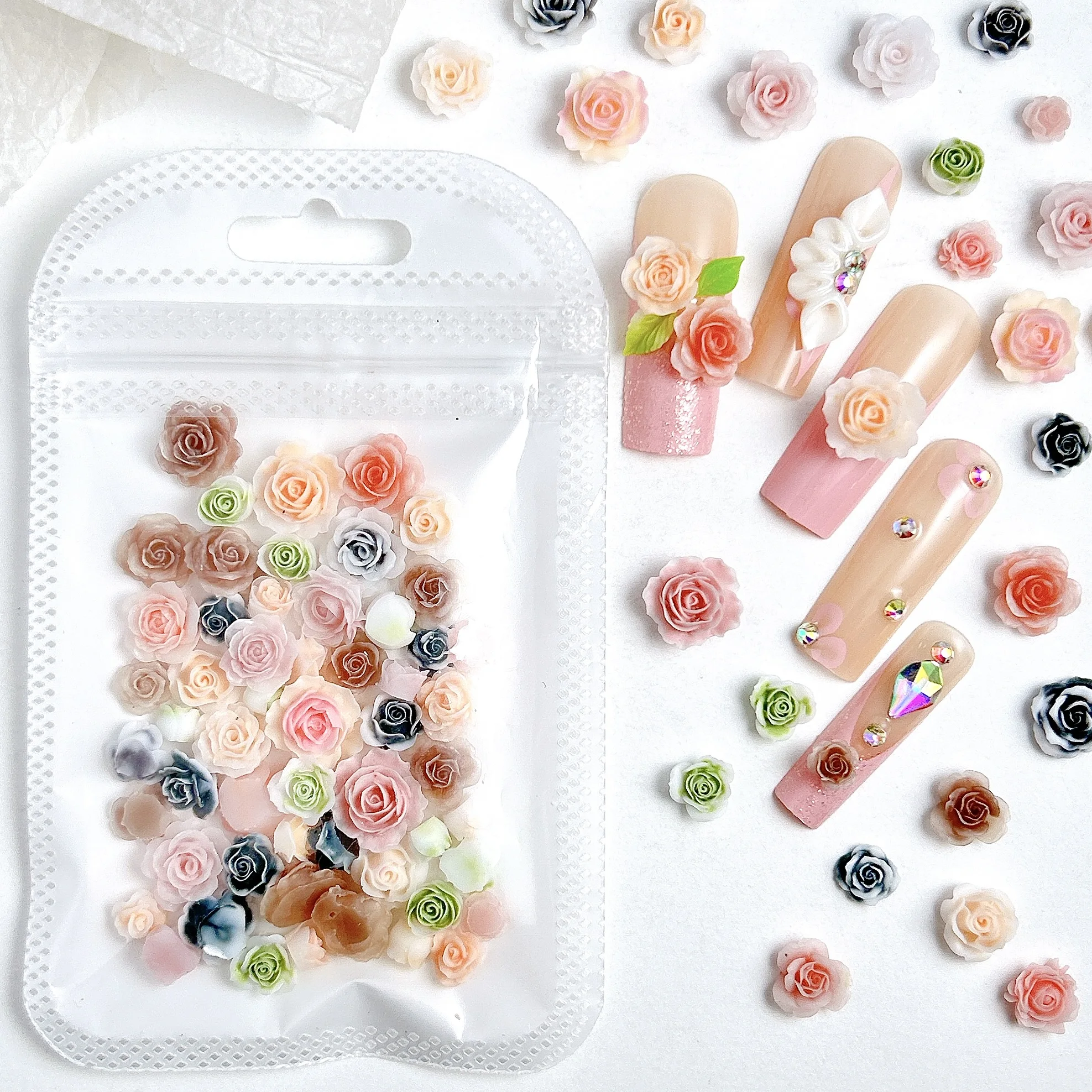 50 pçs vários estilos peônia camélia resina decorações da arte do prego minimalista colorido rosa encantos do prego acessórios diy artesanato do prego