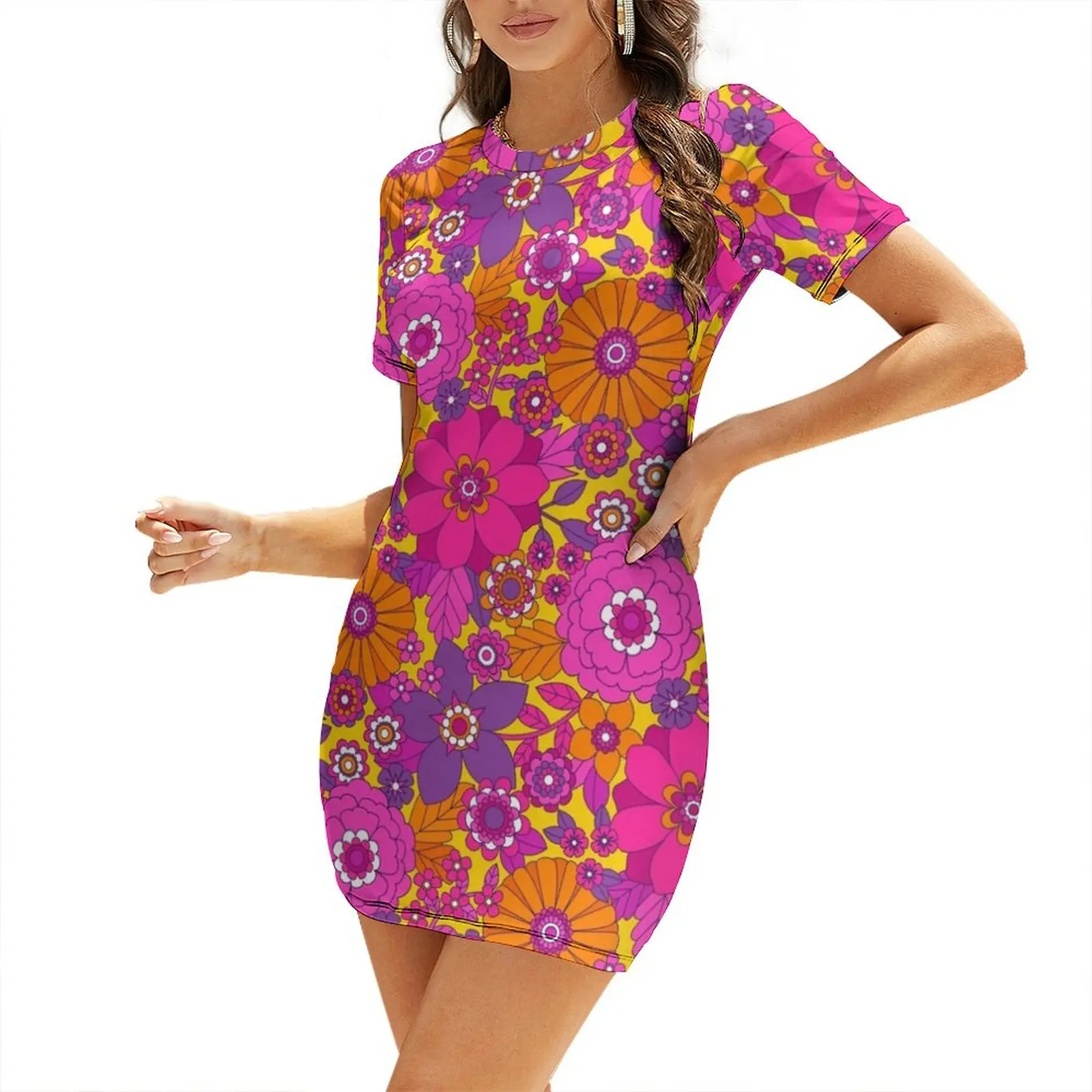 

Groovy Blooms Short Sleeved Dress women's dresses luxury summer women's suit Dress