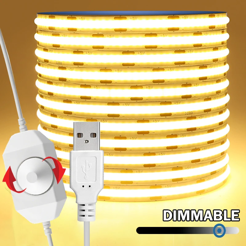 5V COB LED Light Strip USB COB Bendable Tape Light Flexible LED Tape with Dimmer for Room TV Backlight Cabinet Adhesive Light