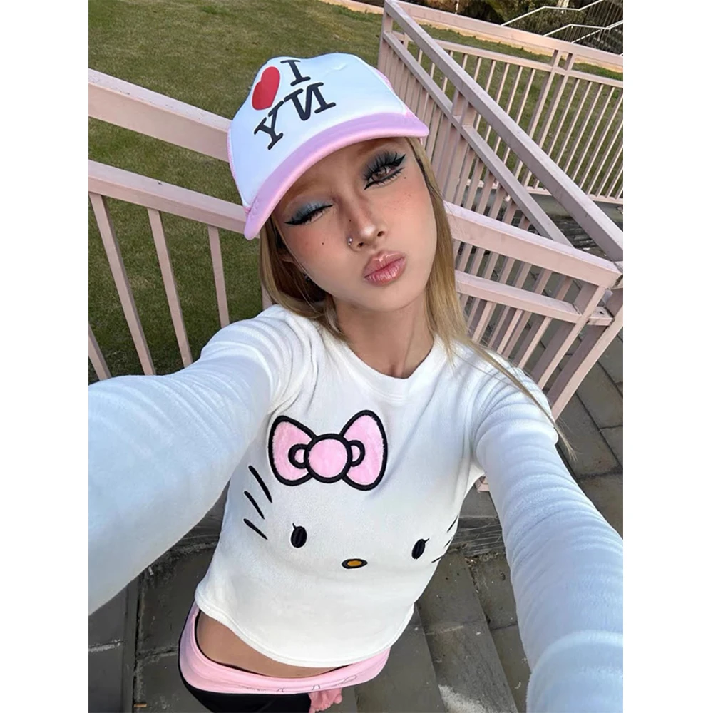 

Sanrios новые женские футболки с принтом Hello Kitty, футболка с длинными рукавами для женщин, милые весенние корейские сексуальные тонкие топы с героями мультфильмов, трендовая одежда