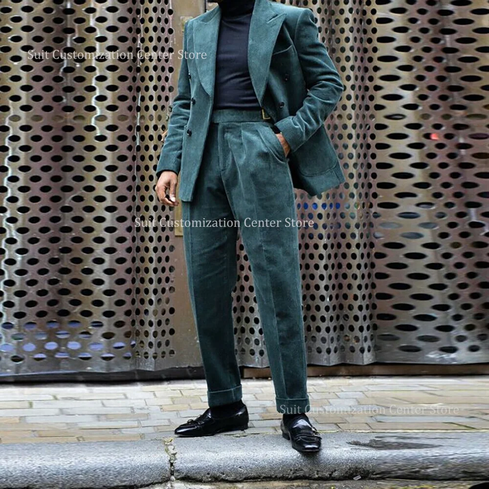 

Fashion Elegant Corduroy Suits For Men Chic Double Breasted Peak Lapel Daily Shopping High Street Casual 2 Piece Jacket Pants