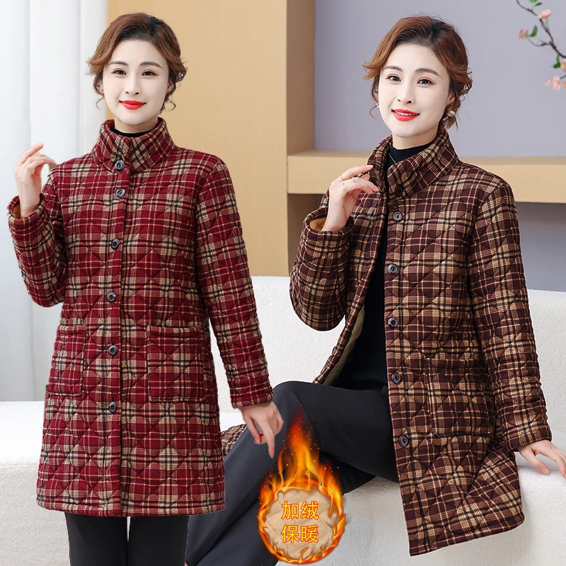 

Fce Lined Mid-Length Jaet Women's Warmth Retro Sle Commute Long Sve Grid stand collar Outerwear Autumn Winter