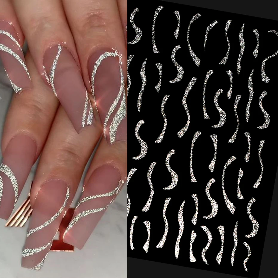 French 3D Nail Decals Stickers Stripe Line French Tips Transfer Nail Art Manicure Decoration Sliver Reflective Glitter Stickers