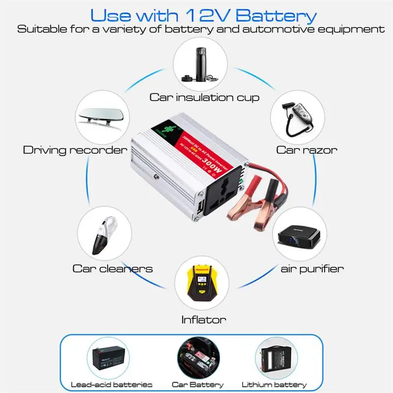 Pure Sine Wave Inverter DC 12v To AC 220V 300W Portable Power Bank Converter Solar Inverter Solar Power Inverter for Cars Trucks