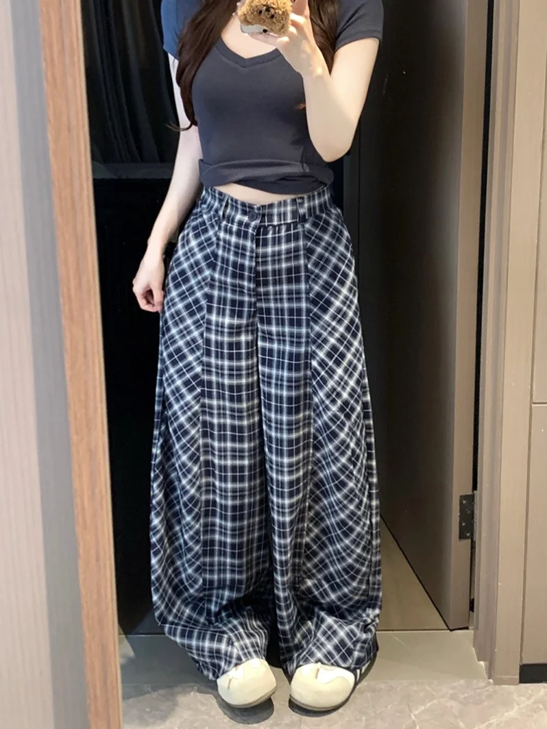 

High Waist Plaid Wide Leg Pants plus Size Women's Casual Fashion Korean Style Vintage Checkered Bend Knife Pants Slimming