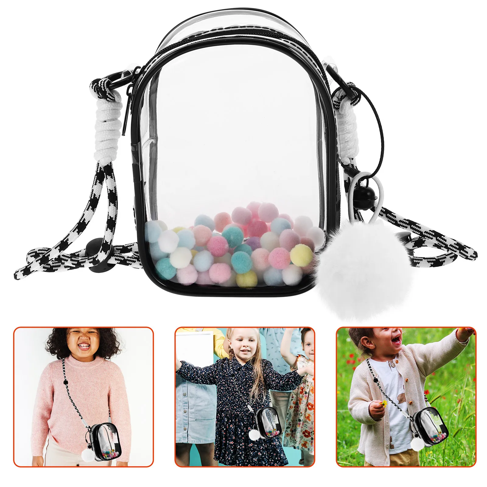 

Clear Hanging Bag Portable Organizer for Mini Figures Dustproof Display Case with Shoulder Strap and Pom Poms Collectibles