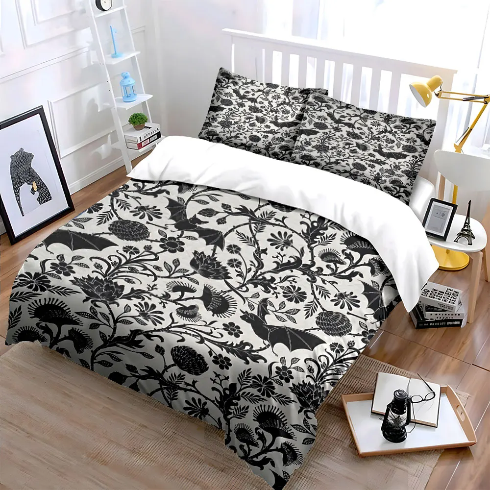 Black bats and floral intertwined Pattern Duvet Cover Set Digital Print Colorful Polyester Bedding with Zipper Closur for gifts
