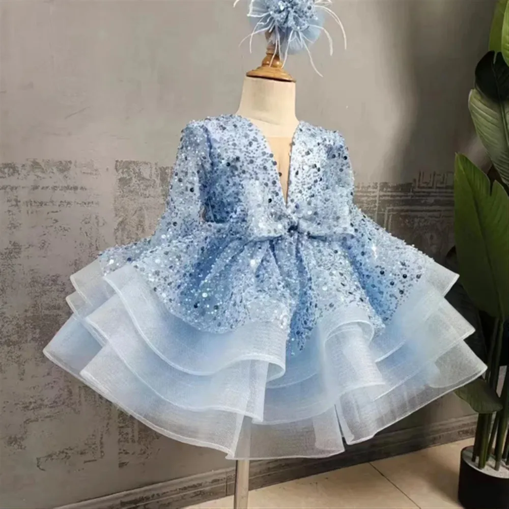 فستان الأميرة الفاخر لفتاة الزهور لحفلات الزفاف مع ترتر وأكمام طويلة للأطفال الصغار وحفلات أعياد الميلاد وحفلات التواصل حسب الطلب