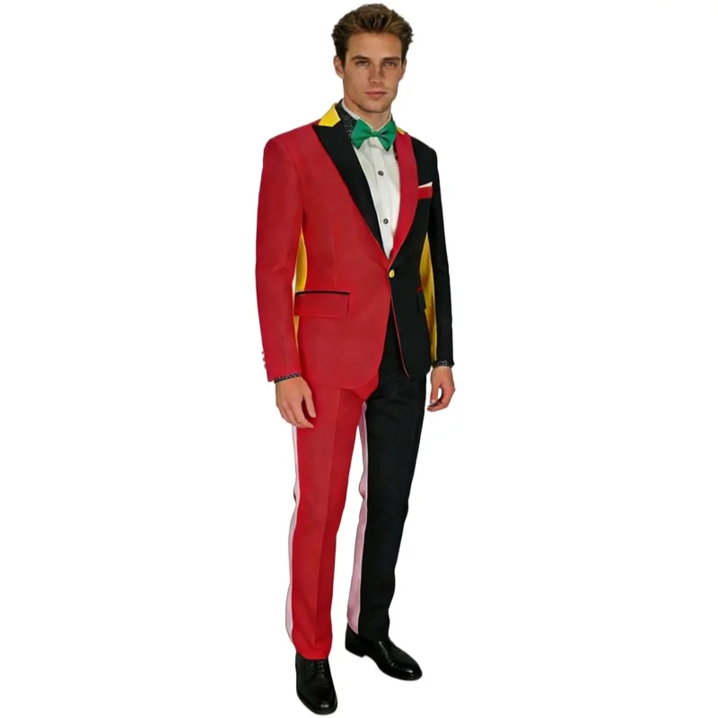 

Men's Patckwork Black Red Suit Magician Clown Performance Stage Outfits Colorful Blazers Pants 2 Pieces Set Holiday Carnival