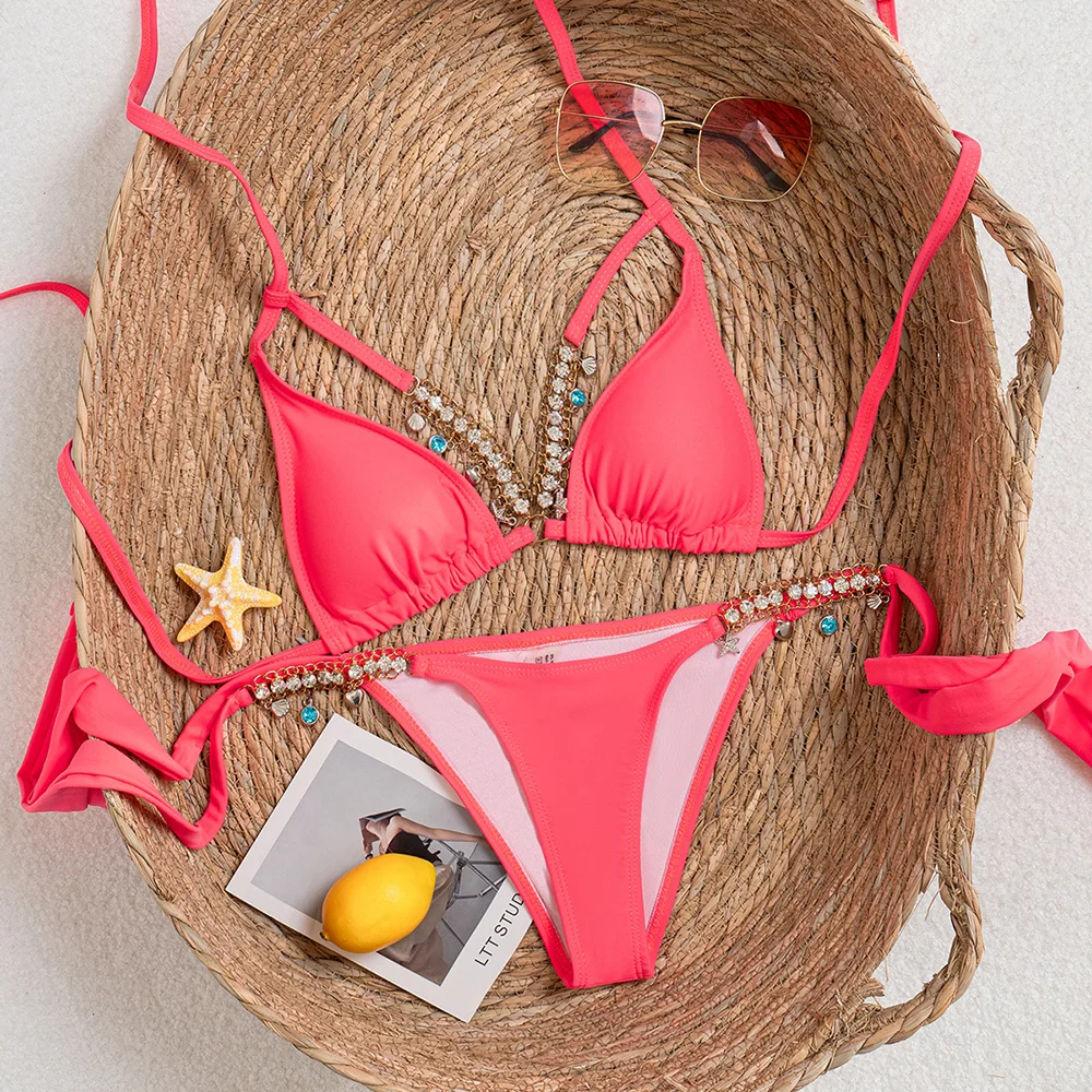 

Sexy String Halter Triangle Micro Bikini Thong Set Swimsuit Women 2026 Rhinestone Red Swimwear Brazilian Bikinis Sets De Mujer