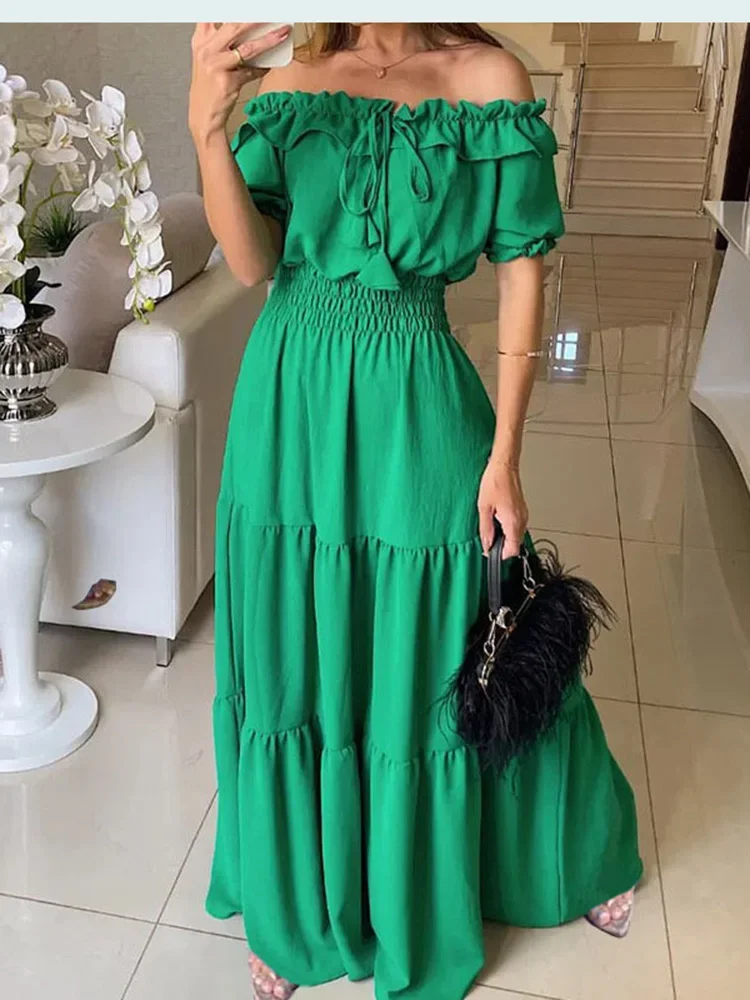 Summer Solid Boho Dress Women Fashion Elegant Beach Party Dress Casual Slash Neck Office Maxi Dresses For Woman Robe Femme