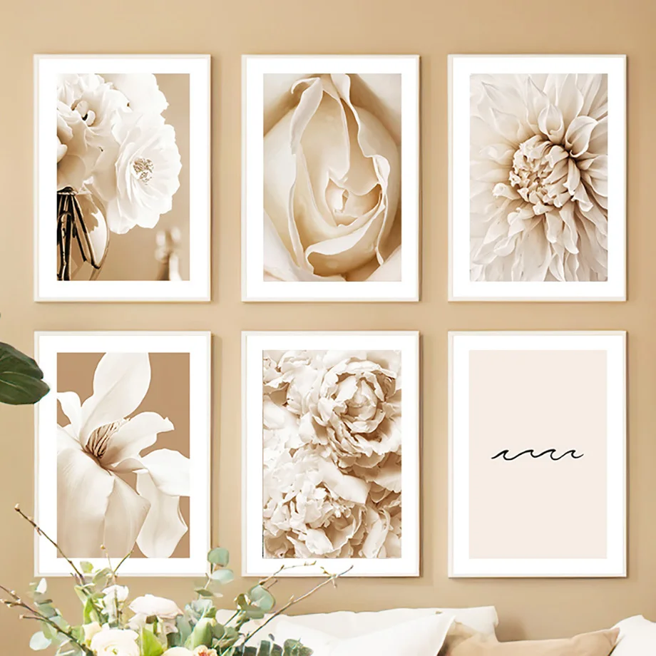 Beige Dahlia Lily Peony Rose Daisy Wall Art Canvas Painting Flower Nordic Posters And Prints Wall Pictures For Living Room Decor