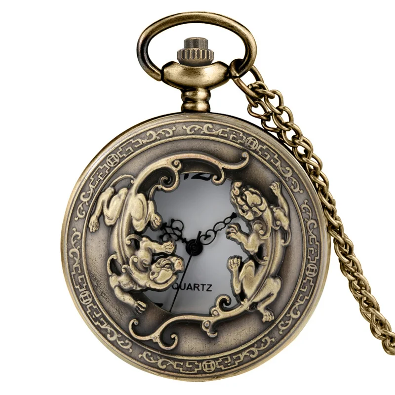Vintage Bronze Hollow Out Pixiu Design Men Women Quartz Pocket Watch Necklace Chain Retro Chinese Mythical Beast Pendant Clock