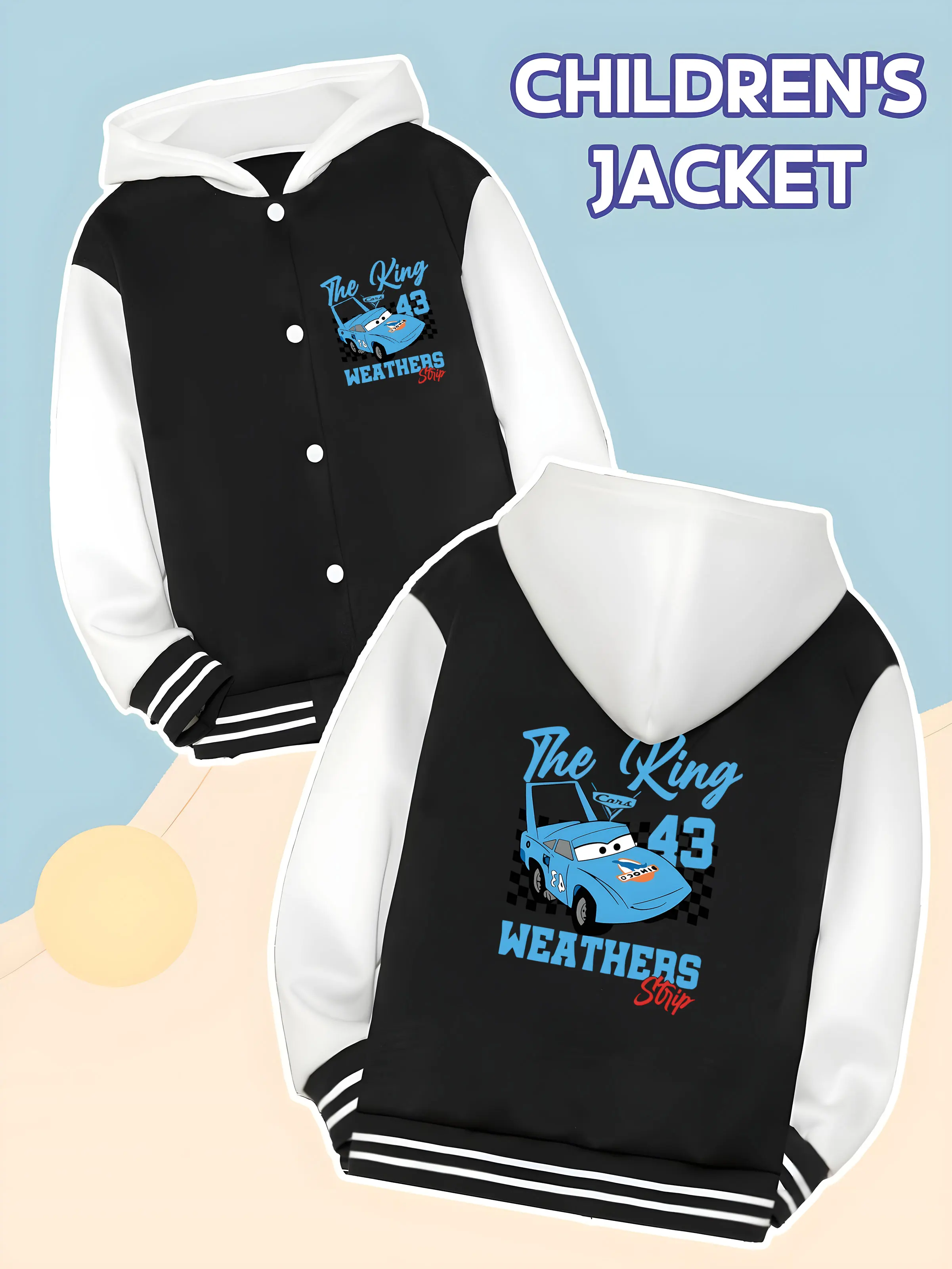 

MINISO Disney Cars King 43 Baseball Jacket for Boys - Blue Race Car "King" Graphic, Trendy Design, Perfect for School Activities