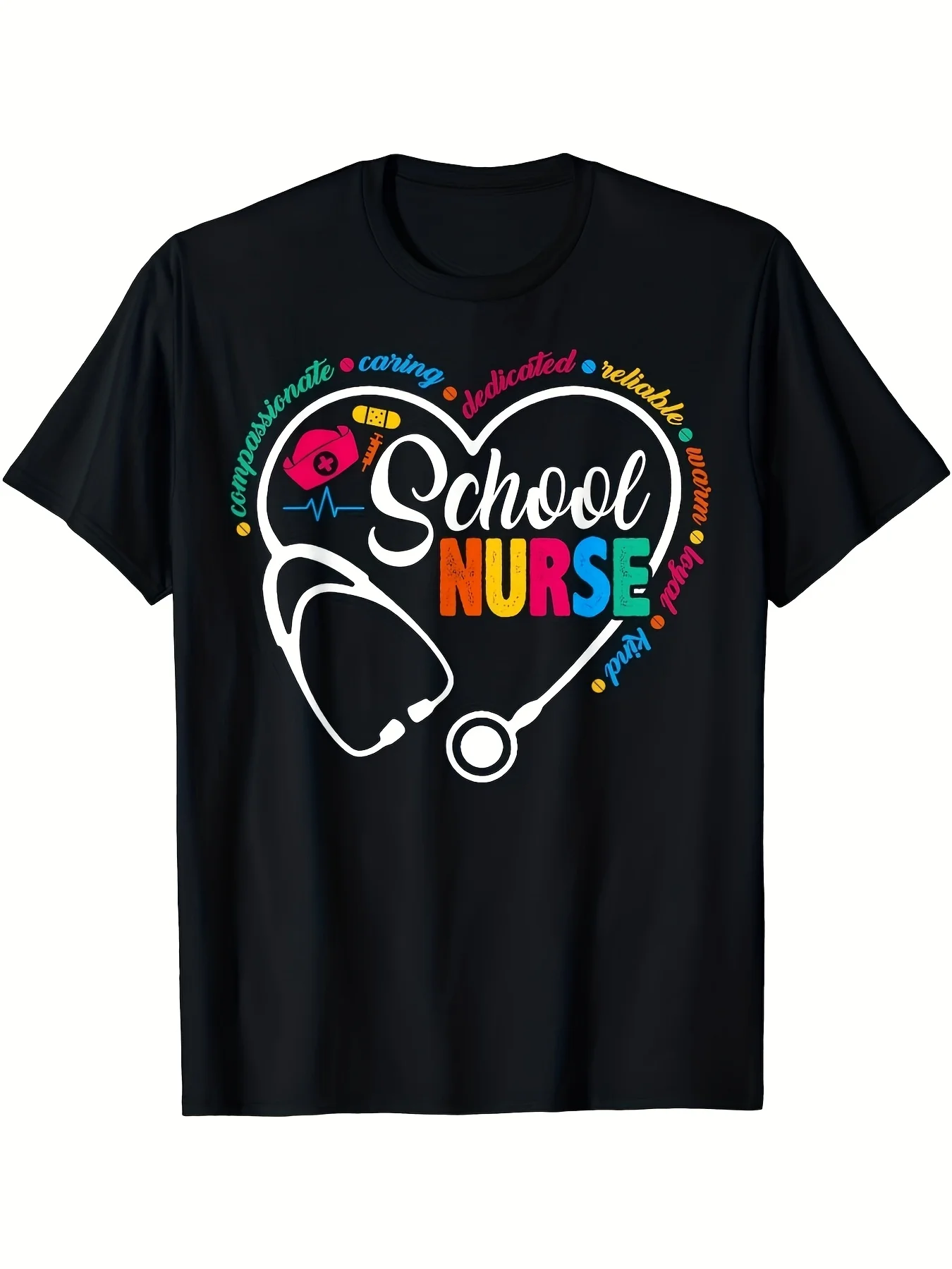 School Nurse Graphic T-Shirt Retro Geometric Grunge Design Moisture-Wicking Comfort Fit Crew Neck Short Sleeve Tee for Men Unisex All-Season Casual Wear Halloween Christmas Parties Beach Retro Casual Crew Neck Printed T-Shirt