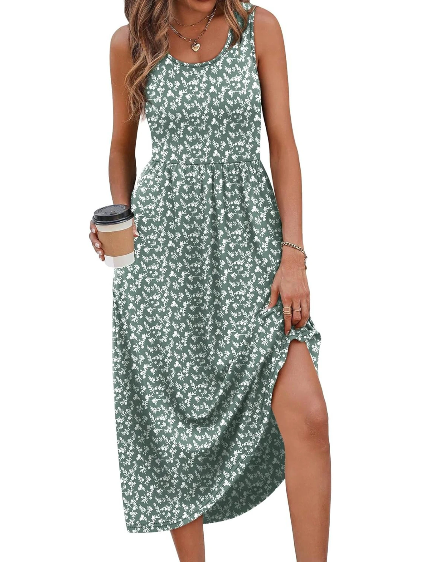 2026 Sommer Neue Kleider für Damen Bedrucktes Lässiges Midikleid Modisches Ärmelloses Rundhals-Strandkleid mit Taschen – Detail 4
