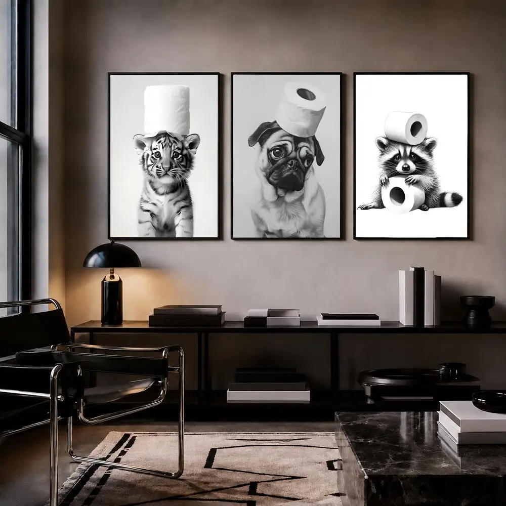 B-Black and White Cute Animal and Toilet Paper Poster Trendy HD PP Paper Waterproof Wall Art Print for Bedroom Living Room Decor